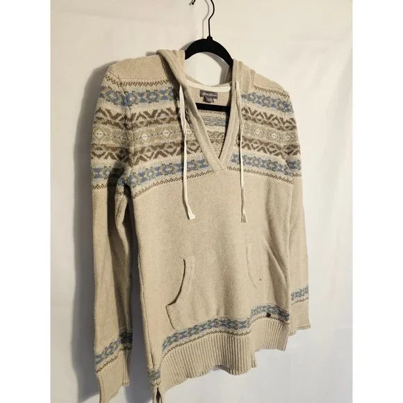 Eddie Bauer Women's Medium Fair Isle Knit Hoodie Sweater Beige Blue Size M - Picture 2 of 6